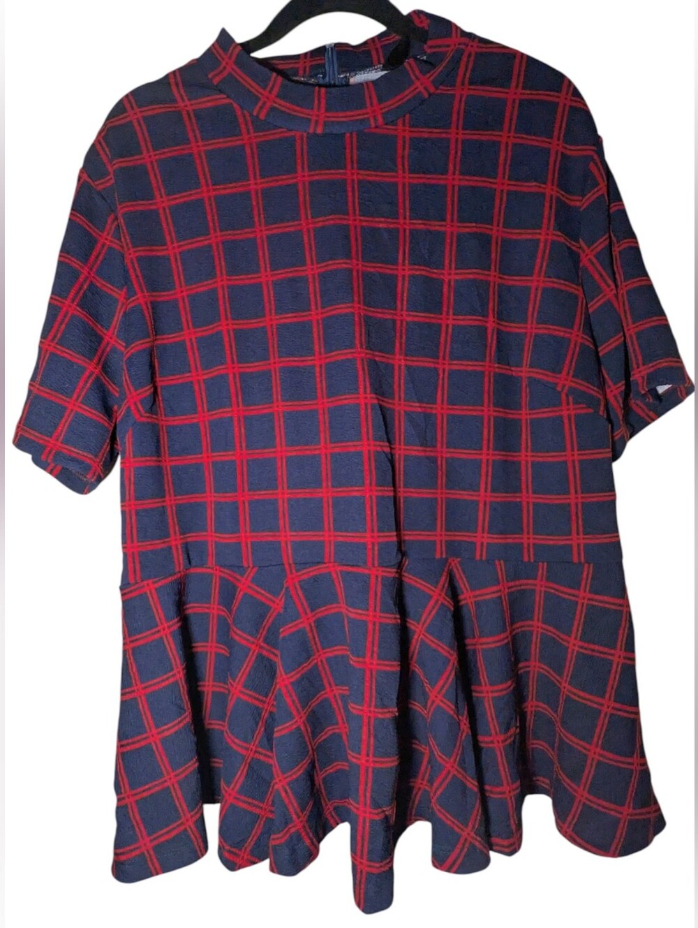 NWOT SHEIN Curve Plaid Peplum Top Red Blue Plus Size 4XL Short Sleeve High Neck